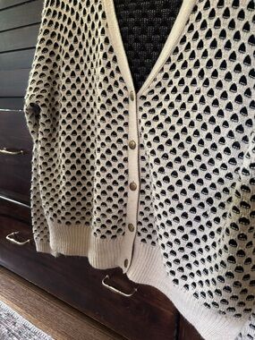 Everly Beige and Black Open-Weave V-Neck Cardigan